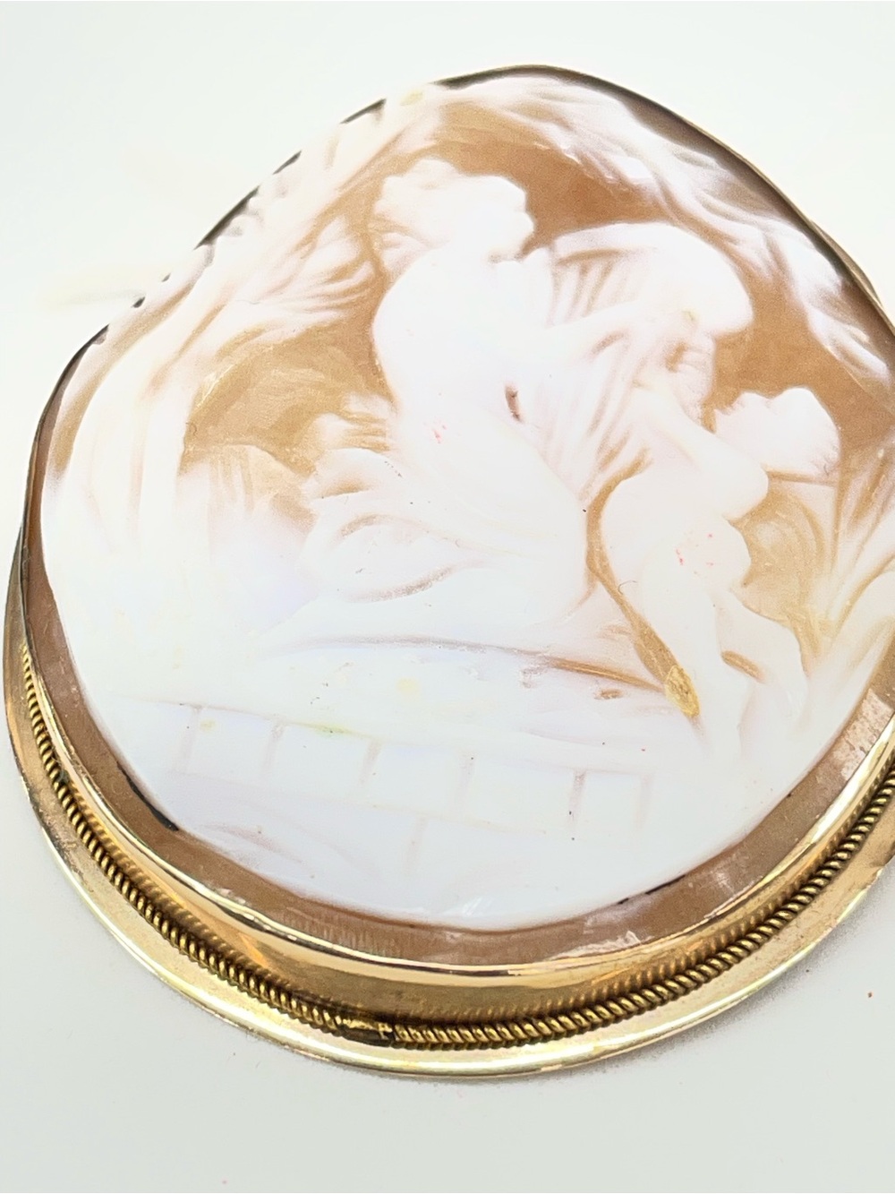 Carved Shell Cameo Brooch in White and Warm Brown with Gold Frame - Picture 2 of 13